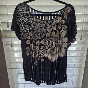 Christopher & Banks Black and Cream Floral Blouse Ptp 22 L 26 New w/tags